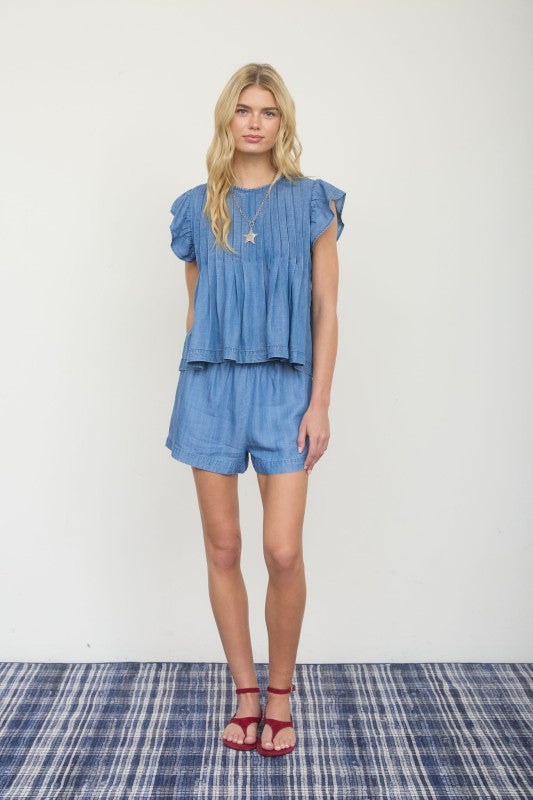 Ruffle Sleeve Denim Top