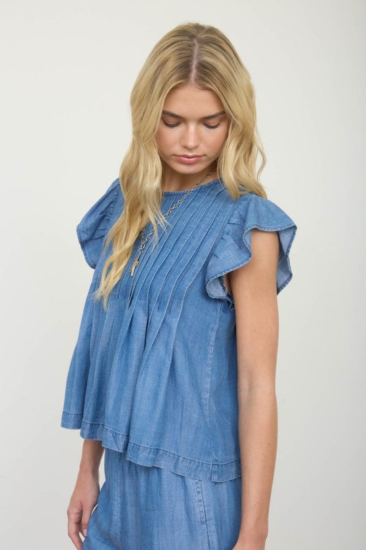 Ruffle Sleeve Denim Top